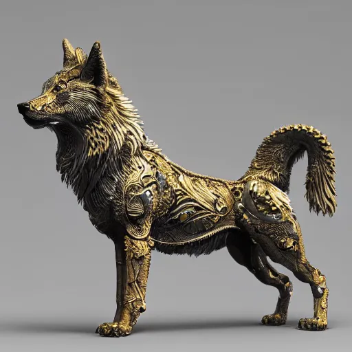 Image similar to A photo-real delicate sculpture of an ornate detailed wolf in front of a intricate background by AJ Fosik, micro detail, backlit lighting, octane renderer, colorful, physically based rendering, tribal art, trending on cgsociety