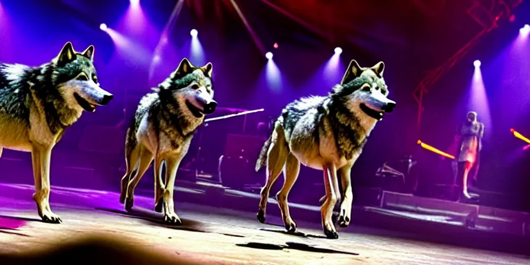Prompt: wolves perfoming in the circus. long shot