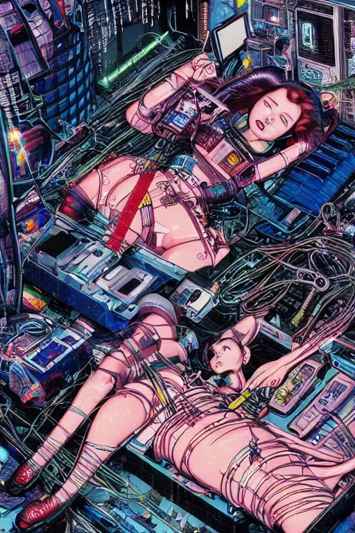 Prompt: an hyper-detailed cyberpunk illustration of a female android lying on a bed in a tech labor, with her head open showing cables and wires coming out, by masamune shirow, and katsuhiro otomo, japan, 1980s, dynamic, colorful, sparkles, lasers