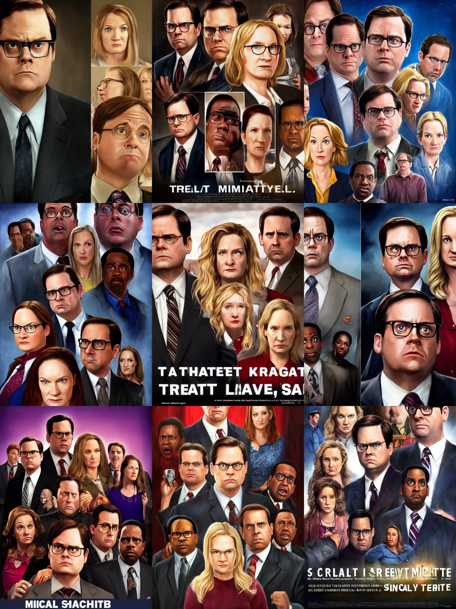 Prompt: a photorealistic movie poster with dwight schrute, angela kinsey and stanley hudson of the office and with michael scott as the principal actor named threat level midnight, dynamic lighting, cinematic lighting, dramatic lighting, oil painting, high resolution, 4 k, by steve carel and tom jung