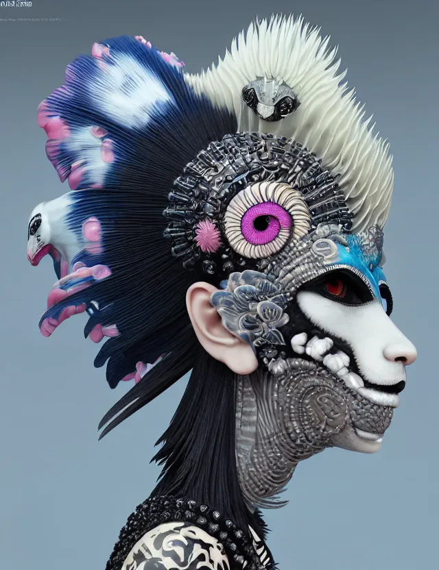 Image similar to 3 d goddess close - up profile portrait punk with mohawk with ram skull. beautiful intricately detailed japanese crow kitsune mask and clasical japanese kimono. betta fish, jellyfish phoenix, bio luminescent, plasma, ice, water, wind, creature, artwork by tooth wu and wlop and beeple and greg rutkowski