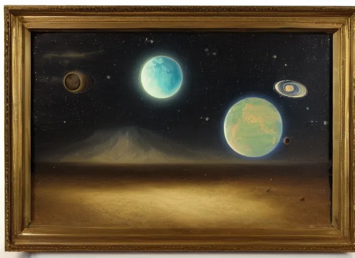 Image similar to mare tranquillitatis on the moon, earth in the background in the style of hudson river school of art, oil on canvas