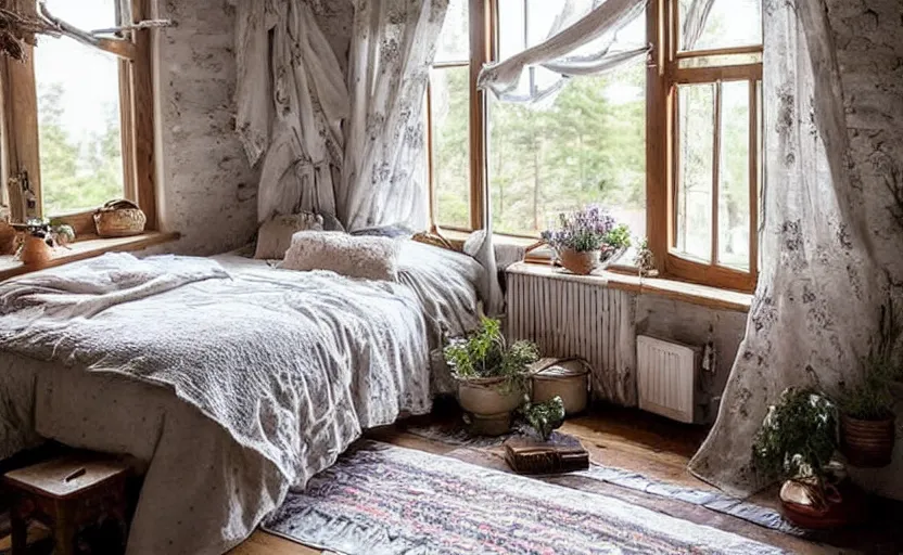 Prompt: cottage style bedroom, bright and cozy, rustic wood, bed, timberwork, lavender plants, bohemian style, large windows with a view of trees, beige, white