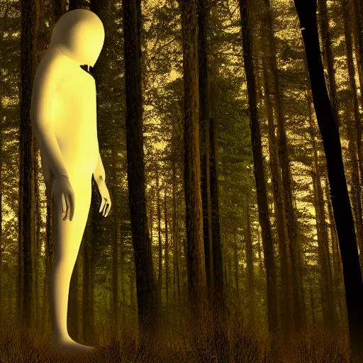 Image similar to tall skinny humanoid creature with no face standing between the trees in a forest at night, realistic, high details, 4 k