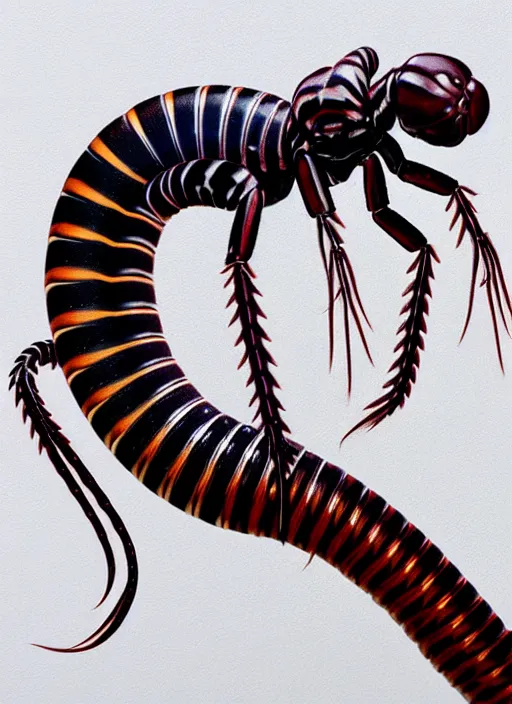 Prompt: beautiful matte airbrush portrait of a twisted scolopendra on a white background, 8 0's airbrush aesthetic, art by pater sato