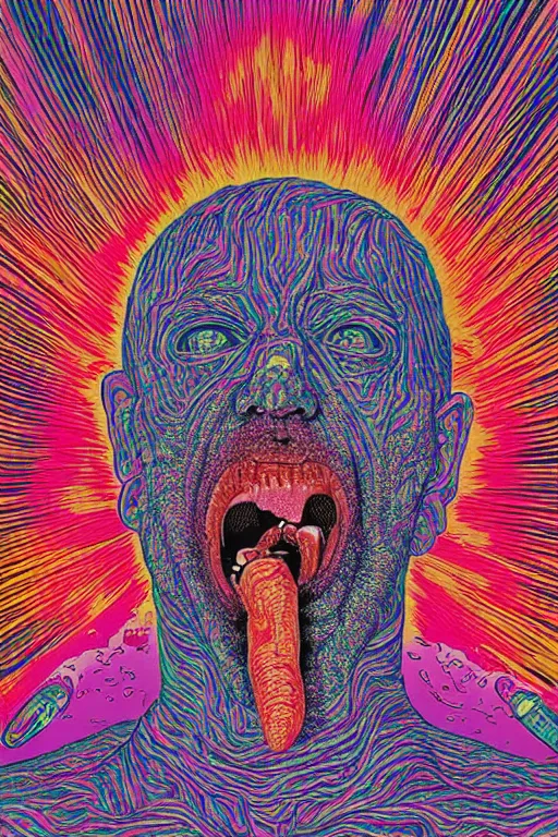 Image similar to man licks a tab of LSD acid on his tongue and experiences psychedelic hallucinations, screenprint by kawase hasui, alex grey and dan hillier, colorful flat surreal design, hd, 8k, artstation