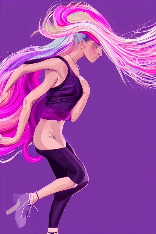 Image similar to a award winning half body porttrait of a beautiful woman in a croptop with ombre purple pink teal hairstyle with head in motion and hair flying, outrun, vaporware, shaded flat illustration, digital art, trending on artstation, highly detailed, fine detail, intricate