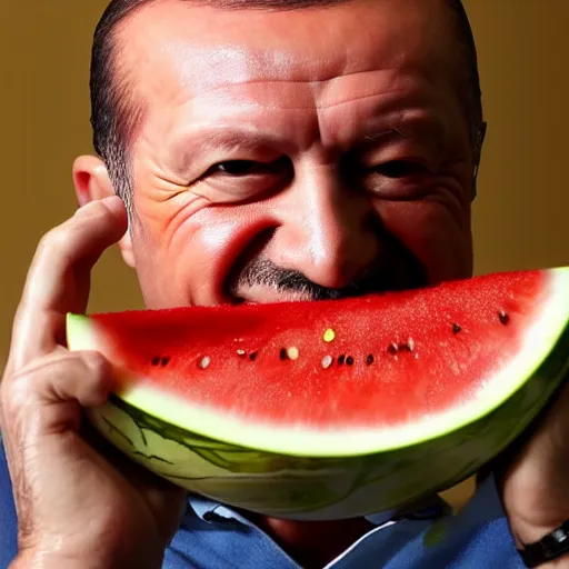 Image similar to recep tayyip erdogan smiling holding watermelon, studio photograph, hd, studio