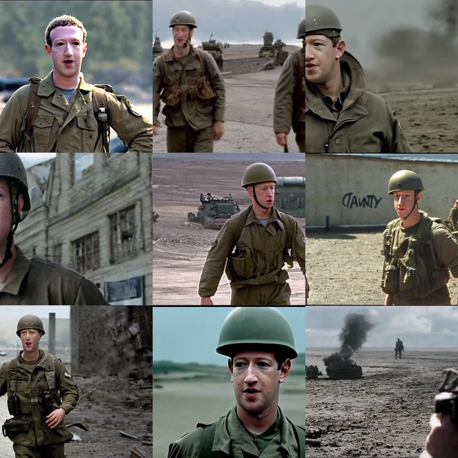 Prompt: Movie still of Mark Zuckerberg in Saving Private Ryan, establishing shot, opening scene