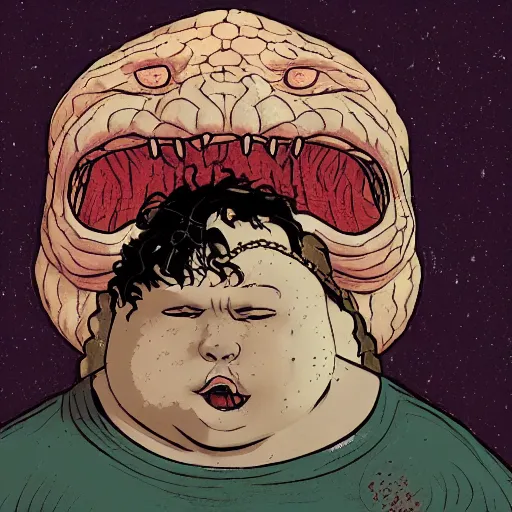 Image similar to a fat white kid with a demogorgon head