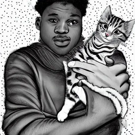 Image similar to storybook illustration of a rapper in 1 9 9 0 new york holding a kitten up to the camera, storybook illustration, monochromatic