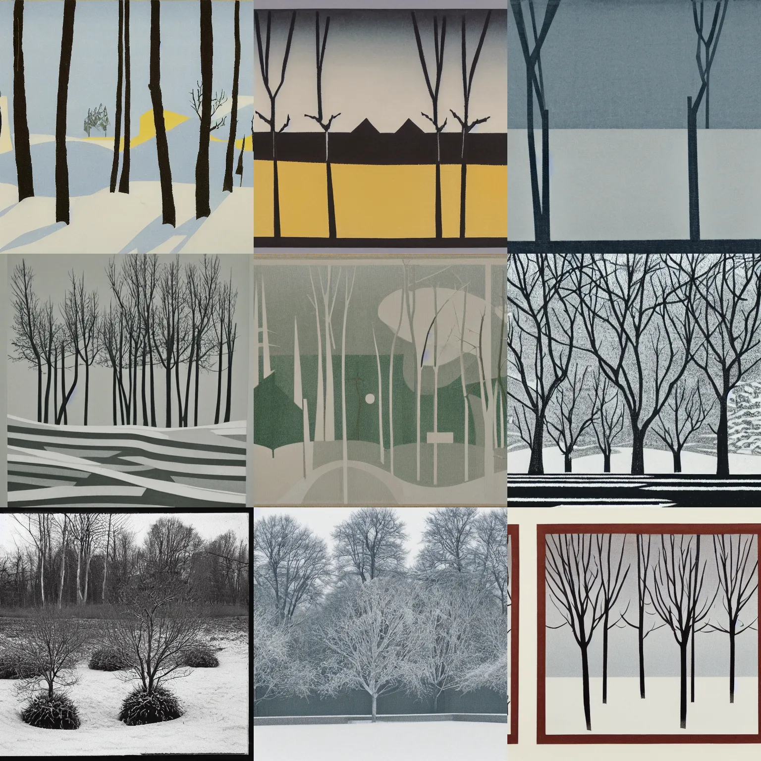 Prompt: a winter landscape with shrubs and trees on a clear day, in bauhaus style