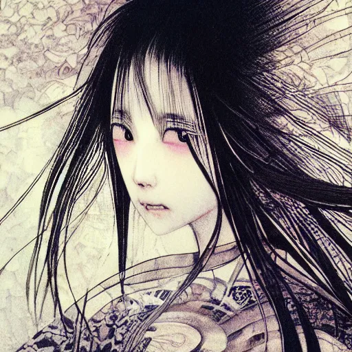 Prompt: yoshitaka amano blurred and dreamy realistic illustration of a japanese young woman with black eyes, wavy white hair fluttering in the wind wearing elden ring armor with engraving, abstract patterns in the background, satoshi kon anime, noisy film grain effect, highly detailed, renaissance oil painting, weird portrait angle, blurred lost edges, three quarter view