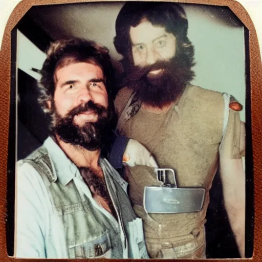 Image similar to photorealistic 8 0's polaroid of an eccentric expeditionary bearded archaeologist with luggage and a rich clean - shaven suave handsome aristocrat standing next to him