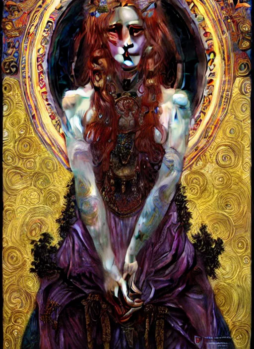 Image similar to hyper detailed masterpiece vampire girl duchess by donato giancola and tom bagshaw, face by artgerm and edmund leighton, and alphonse mucha, trending on artstation, colorful, psychedelic aesthetic, ornate, background by gustav klimt, 8 k, black gothic, majestic, volumetric lighting, porcelain skin, concept art, sharp focus