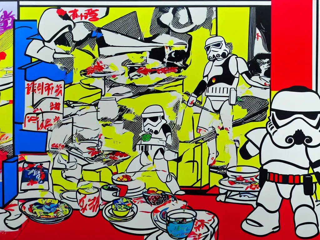 Image similar to hyperrealism composition of the asian home with a garden, stormtrooper in hot springs, pop - art style, jacky tsai style, andy warhol style, roy lichtenstein, acrylic on canvas