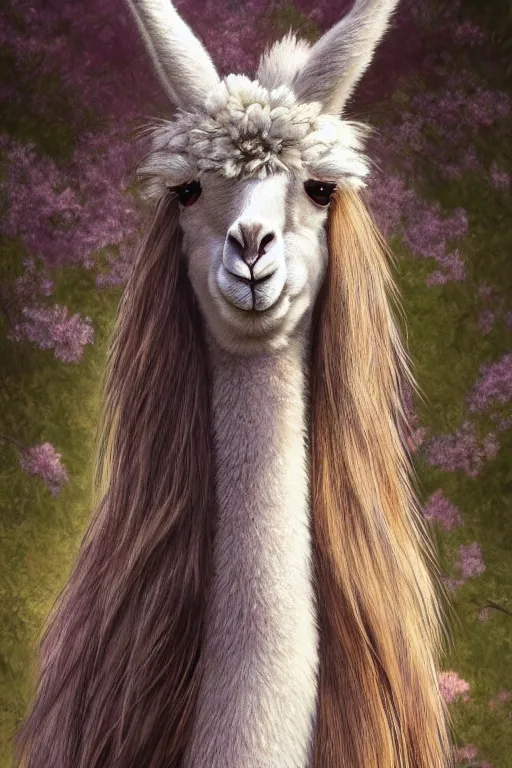 Image similar to Anthro Portrait of japanese llama, D&D, dark fantasy, anthro portrait, sakura blooming on background, intricate, elegant, llama portrait, highly detailed, digital painting, artstation, concept art, smooth, sharp focus, llama, illustration, art by artgerm and greg rutkowski and alphonse mucha, daily deviation, very very llama