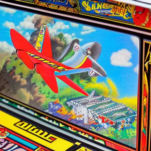 Image similar to the side of an arcade cabinet with artwork for a game called flying ace, intricate, highly detailed.