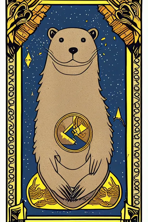 Image similar to tarot card illustration depicting an otter on the card tepmerance, framed in an elaborate line border, tarot card, detailed illustration, otter, furry art, artstation, 4 k