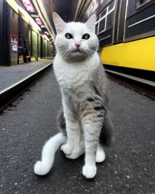 Image similar to cat standing up, cat standing on its hind legs, waiting for a subway train in new york city, as seen on reddit, photograph