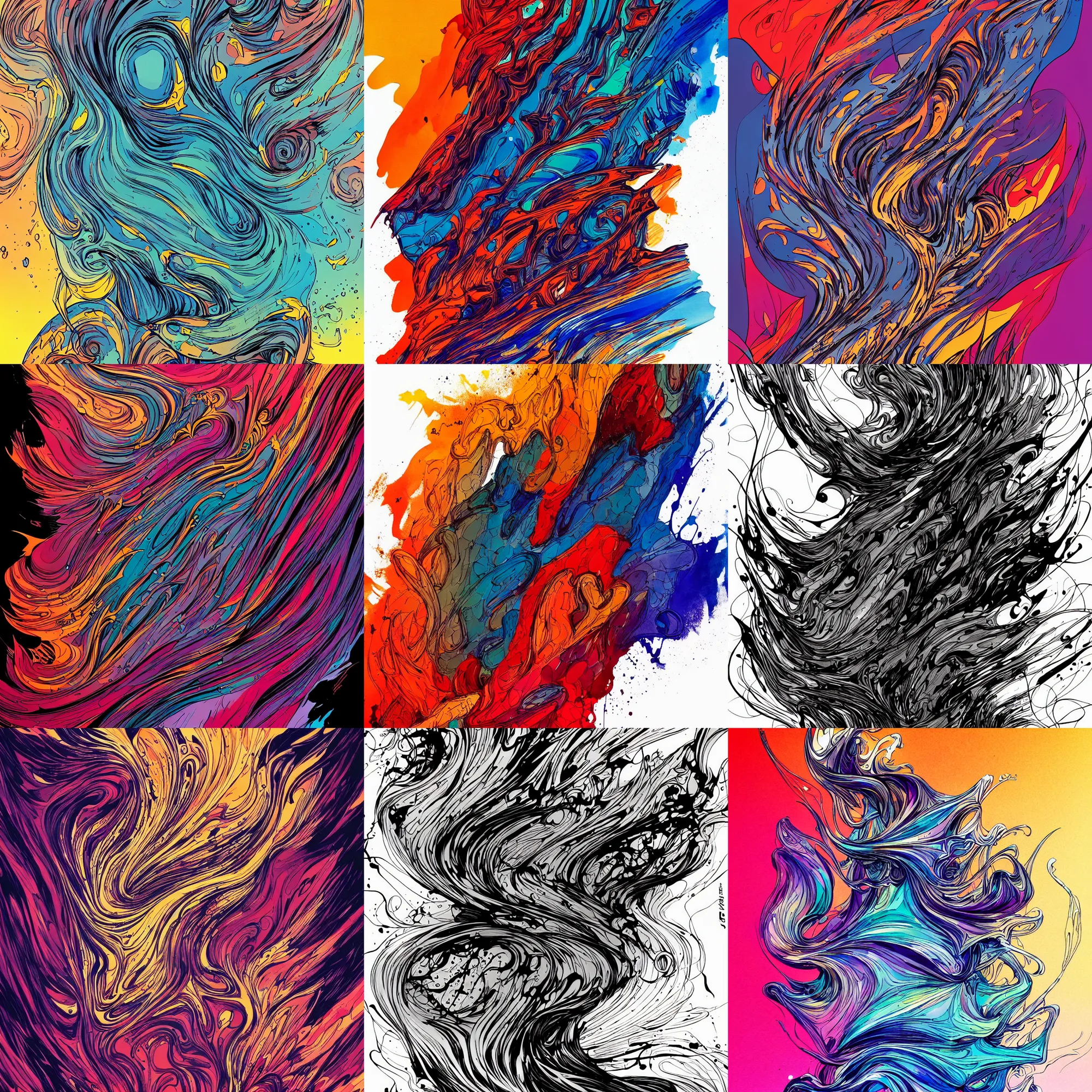 Prompt: pour painting abstract art, intricate, elegant, highly detailed, smooth, sharp focus, beautiful inking lines, stunning gradient colors, trending on artstation, in the style of a comic book cover