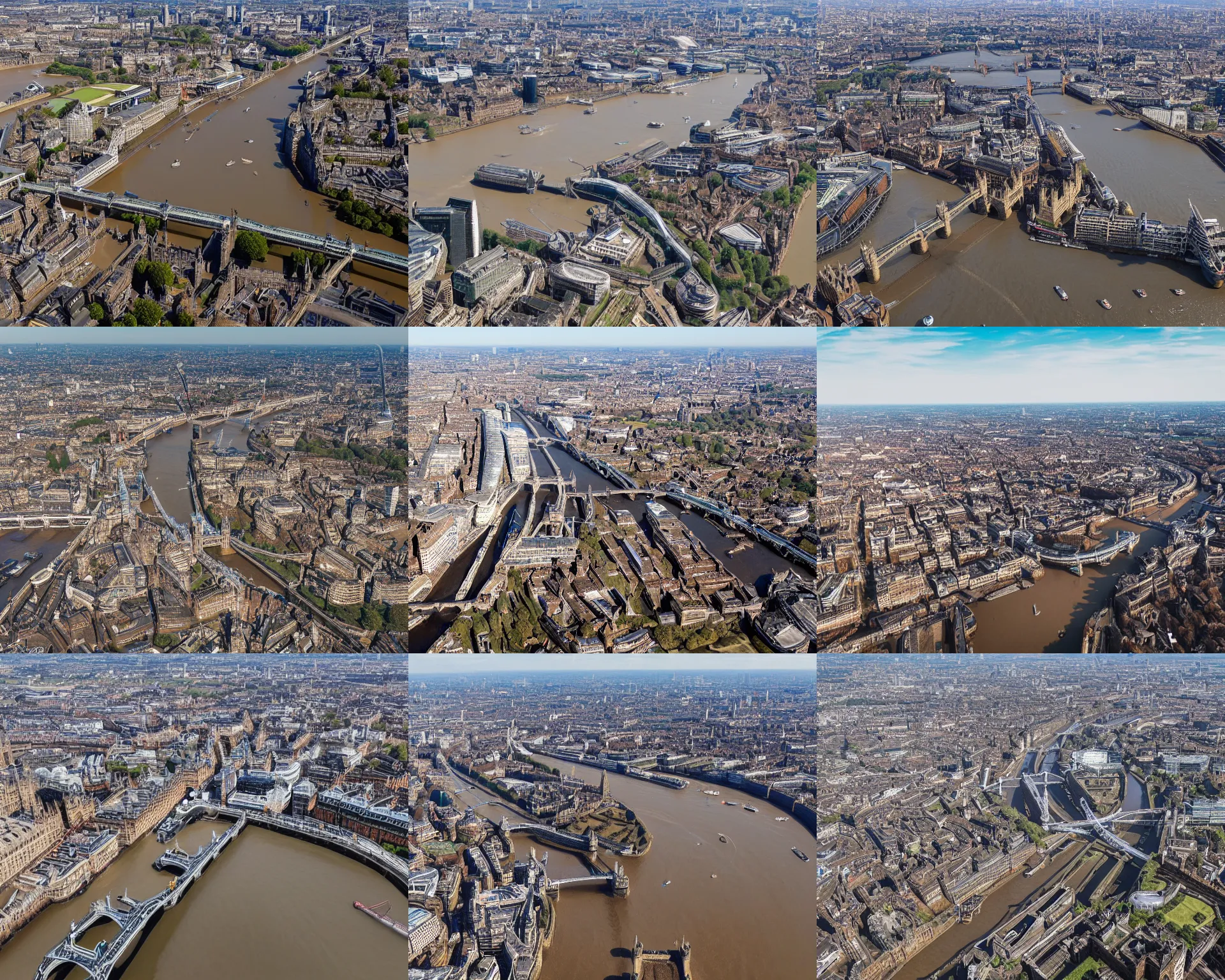 Prompt: drone photography over London showing the river Thames dried up, it's very hot, sandy