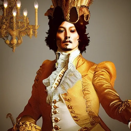 Prompt: a high quality 3 d rendering of johnny depp dressed as french king louis xv, volumetric light, sharp focus, realism, artstation