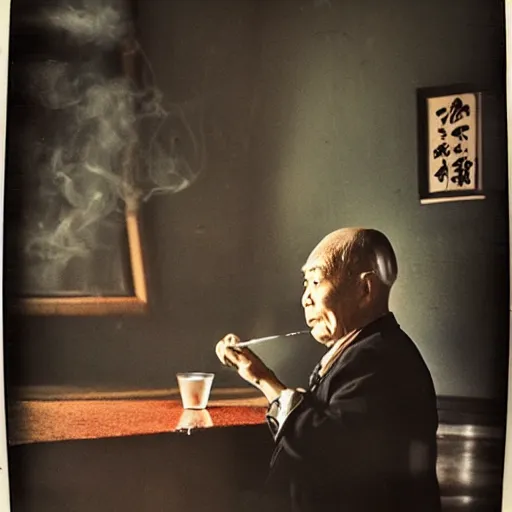 Image similar to An oldman, smoking, in a bar, Chinese Painting, Polaroid, Wide Angle