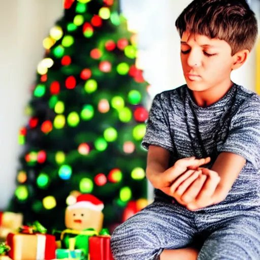 Image similar to a kid at christmas disappointed and sad that his present was a giant moai statue, his hands buried in his face, sitting down. | inside of a house next to a christmas tree, large present in the back