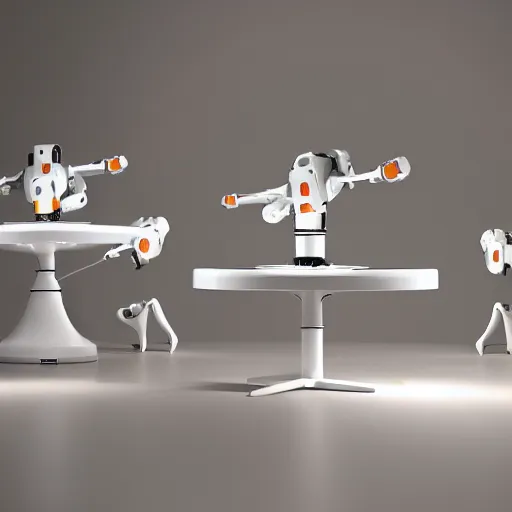 Image similar to three large white glossy kuka industrial robot arms on the floor around a dinner table, the kuka industrial robot arms are wearing bow ties, the table is full of food, they are having dinner inside a posh fine dining restaurant with mid - century modern furniture and decor, global illumination, artstation, fantasy, volumetric light