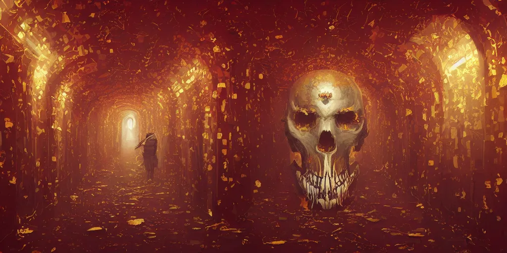 Image similar to large hallway filled with snow and gold skulls, red floating geometric shapes with mouths and leaking black liquid, artstation, by anato finnstark,