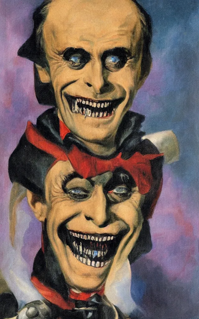 Prompt: portrait of conrad veidt the man who laughs freakish grin, award winning oil painting, sharp color palette