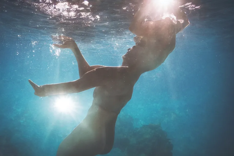 Prompt: wide angle view, underwater looking up, woman model swimming in large tall rock trench , toward the sun rays and caustics, film , cinematic, underwater photography