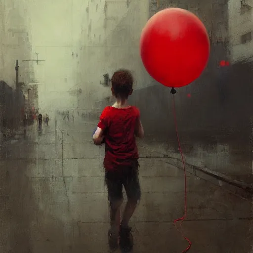 Prompt: lonely kid with a red balloon, gloomy, painting by jeremy mann