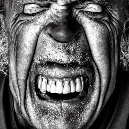 Image similar to insane old man in dark steel menace complex mouth