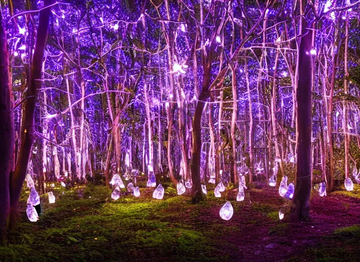 a magical forest with crystal flowers that glow in the