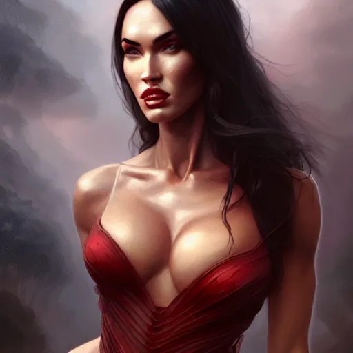 Prompt: portrait of megan fox, muscular upper body, greek, jewelry, red dress, fantasy, intricate, elegant, highly detailed, digital painting, artstation, concept art, matte, sharp focus, illustration, art by aenaluck and roberto ferri and greg rutkowski, epic fantasy, digital painting