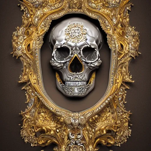 Image similar to a portrait of a beautiful ornate and intricate rococo skull with silver and gold details and diamonds inside a rococo frame, 4k, octane render, vray, unreal engine, photorealistic