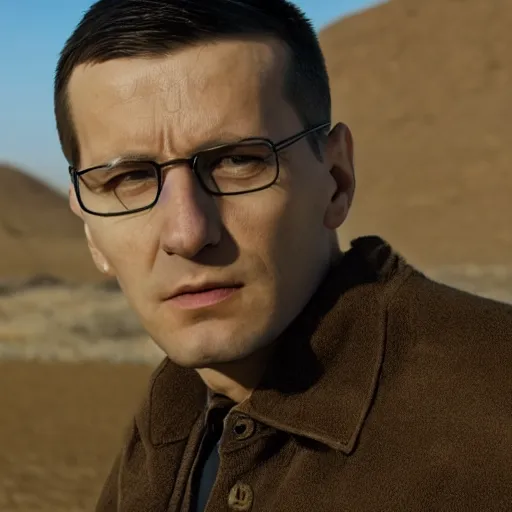 Image similar to clean shaven mateusz morawiecki in a still from the show breaking bad, 4 k, high quality, very mateusz morawiecki, desert, slight yellow hue