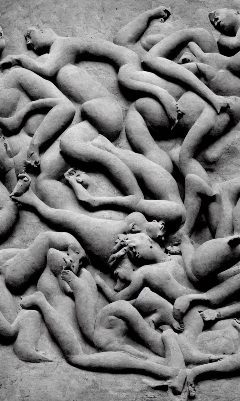 Prompt: Kajuraho sculptures become real beautiful human realistic bodies practising kamasutra , photo real, by helmut newton , rule of thirds, Highly detailed, dramatic lighting,