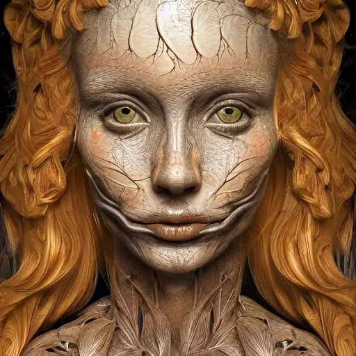 Image similar to beatifull frontal portrait of a woman, 150 mm, anatomical, flesh, flowers, mandelbrot fractal, facial muscles, veins, arteries, symmetric, intricate, golden ratio, full frame, microscopic, elegant, highly detailed, ornate, ornament, sculpture, elegant , luxury, beautifully lit, ray trace, octane render in the style of Trevor brown , robert Mapplethorpe and Terry Richardson