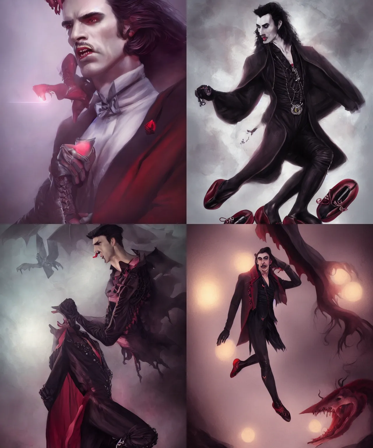 Prompt: male dracula wearing rollerskates by charlie bowater and titian and artgerm, full body portrait, intricate, face, elegant, beautiful, highly detailed, dramatic lighting, sharp focus, trending on artstation, artstationhd, artstationhq, unreal engine, 4 k, 8 k