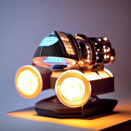 Prompt: tiny retro futuristic movie prop with led lights