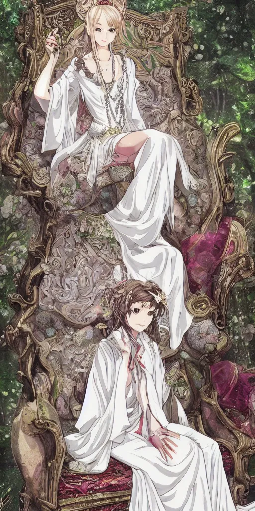 Prompt: an highly detailed magical empress sitting by herself on a sofa in a forest wearing a white robe drawn by cloverworks studio, elegant, beauty, tarot card, Tarot card the empress