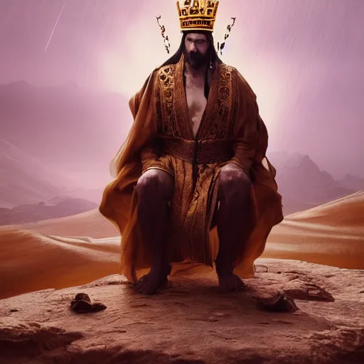 Image similar to a man with a crown on his head, dressed in a robe, sitting on a throne, in the desert, in the background a thunderstorm, by greg rutkowski, digital art, epic, 8 k, hyperdetalied, cgsociety,