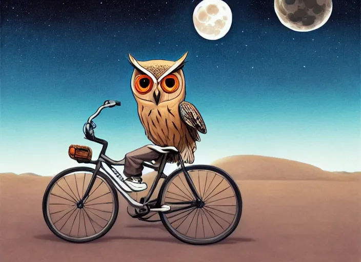 Prompt: a cell shaded cartoon owl riding a bicycle, with a big head, on a desert road, wide shot, in front of a big moon, muted colors, post grunge, josan gonzales, wlop, by james jean, victor ngai, hq, deviantart, art by artgerm