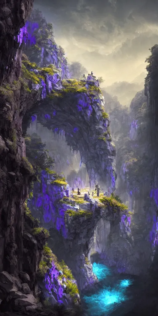Image similar to Gorge in the mountain, white stone temple ruins, night dramatic lighting, blue and purple tones, wide camera angle, matte painting, trending on ArtStation, concept art, delightful surroundings, high detail, sharp contrast, picturesque