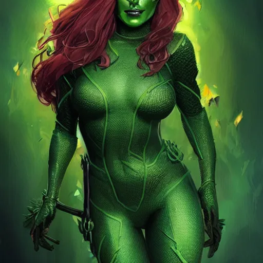 Image similar to full figure ultra realistic illustration, evan rachel wood as poison ivy wearing futuristic black armor, green skin, highly detailed, digital painting, artstation, concept art, smooth, sharp focus, illustration, art by artgerm and greg rutkowski and alphonse mucha