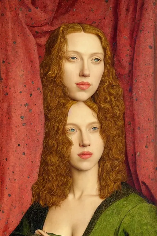 Image similar to portrait of scarlett johansson, oil painting by jan van eyck, northern renaissance art, oil on canvas, wet - on - wet technique, realistic, expressive emotions, intricate textures, illusionistic detail