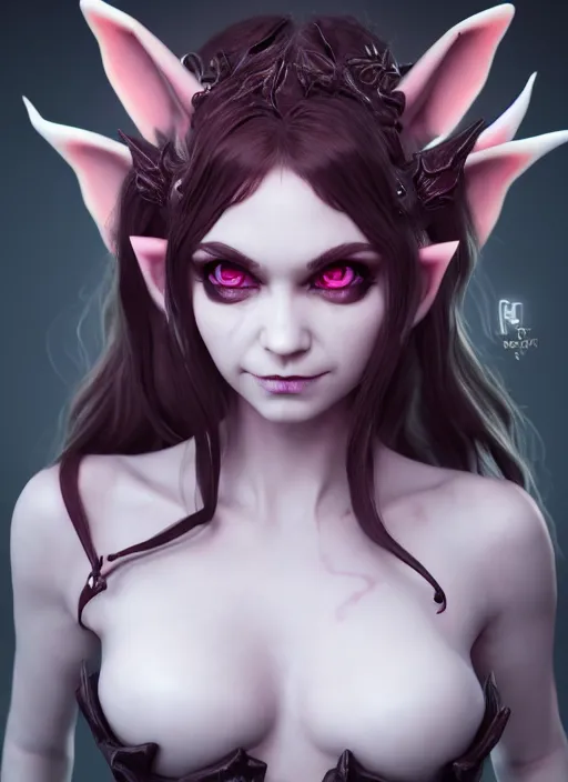 Image similar to imp demon goddess, cute elf ears, strapless dress, character portrait in the style of thomas river and artgerm, cinematic lighting, hyperdetailed, 8 k realistic, symmetrical, global illumination, radiant light,, frostbite 3 engine, cryengine, dof, trending on artstation, digital art, chanel